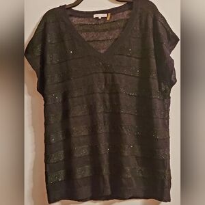 Minnie Rose Black Sheer Knit Blouse With Sequin Stripes